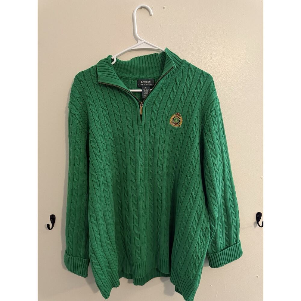 Lauren Ralph Lauren Green Cable Knit 1/4 Zip Sweater Crest Logo XL